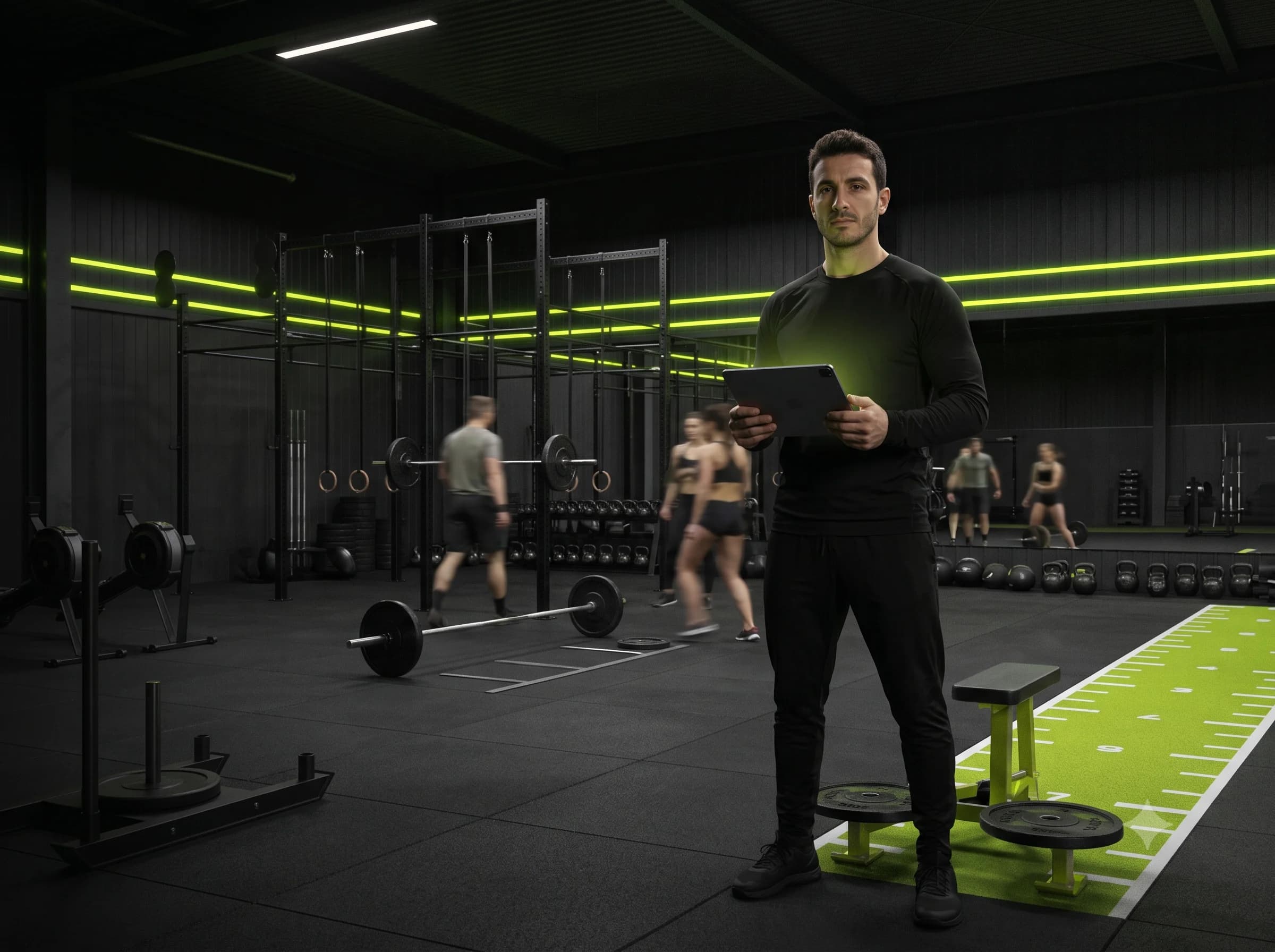 Coach managing classes on tablet inside a box gym